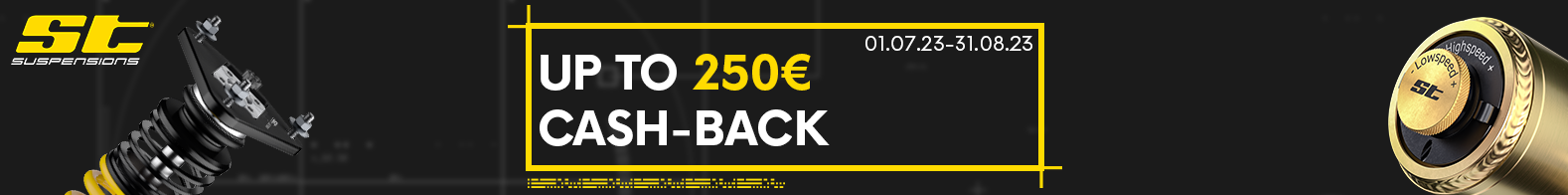Summer Sale 2023 - ST Suspensions CASH-BACK - až 250€ (vč. 19% DPH) při nákupu podvozku či pružin zpět na účet !!!