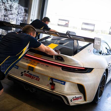 Exit from the pits for Friday's first test run