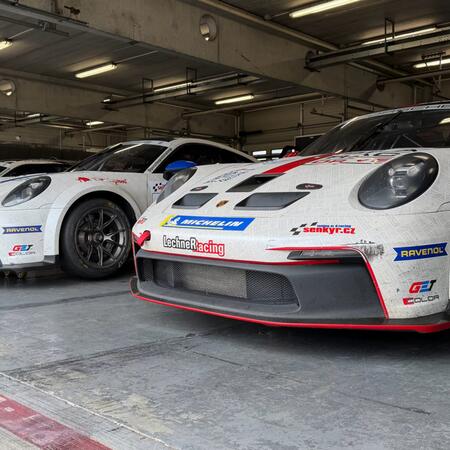 Race cars Porsche 992 GT3 Cup ready for their first practice...