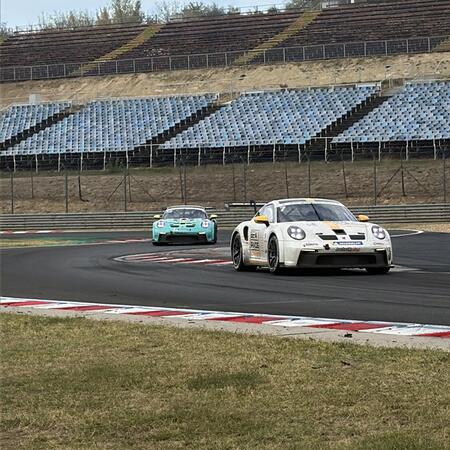 P. Bouška is navigating turns 6 and 7 at the Hungaroring